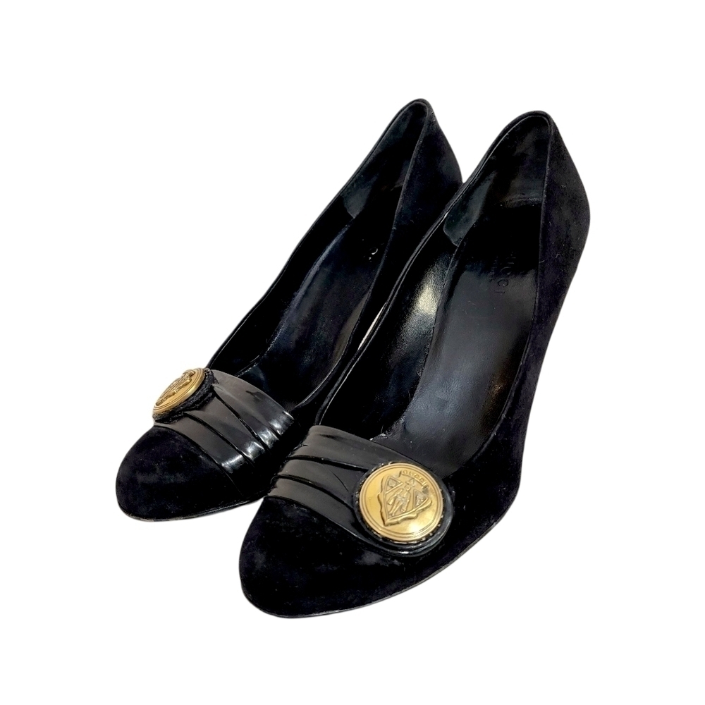 Gucci Hysteria Line 2008 Black Suede & Patent Leather Gold Medallion Heels